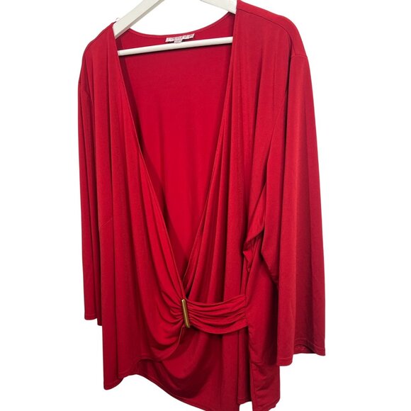 Sandra Darren Plus Size 24W Red Faux Wrap Blouse Womens 3/4 Sleeve Stretch Top - Picture 1 of 12